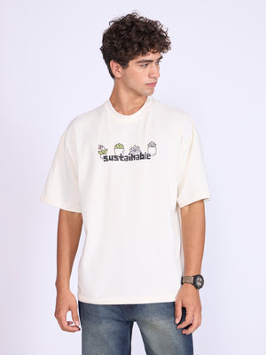 Everston - Sustainable Printed Baggy T-Shirt - Cream - Espanshe