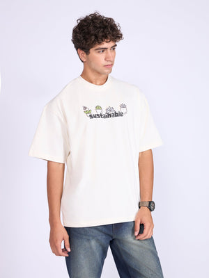 Everston - Sustainable Printed Baggy T-Shirt - Cream - Espanshe