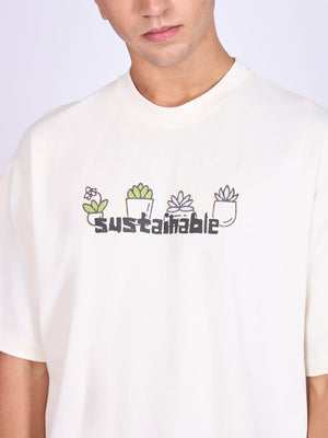 Everston - Sustainable Printed Baggy T-Shirt - Cream - Espanshe