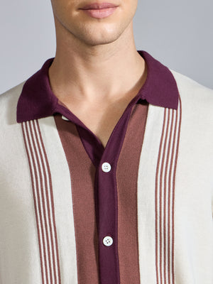 Men's Regular Fit Dual-Tone Retro Stripe Design Knit Polo Shirt in cream