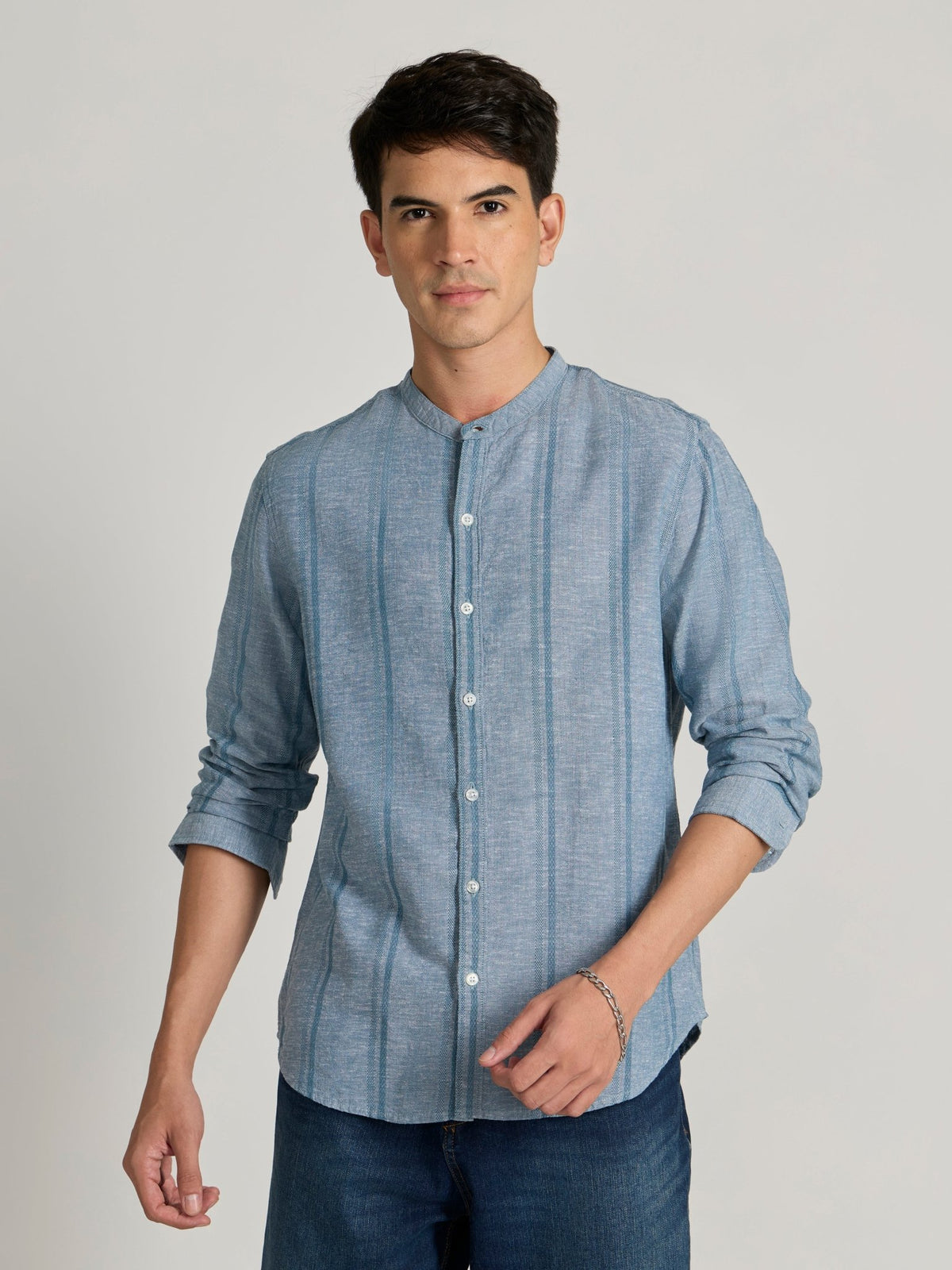 Salvator - Band Collar Striped Shirt - Blue - Espanshe