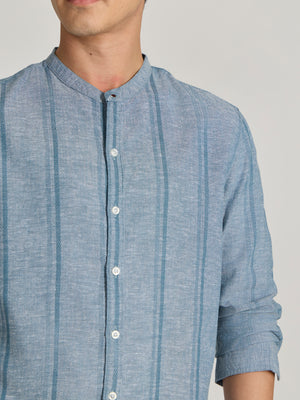 Men's Band Collar Striped Shirt in Blue