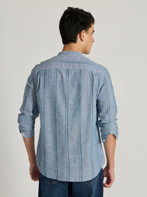 Salvator - Band Collar Striped Shirt - Blue - Espanshe