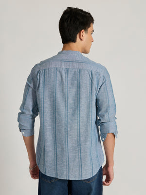 Men's Band Collar Striped Shirt in Blue