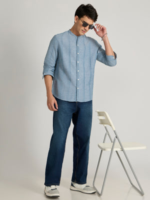 Men's Band Collar Striped Shirt in Blue