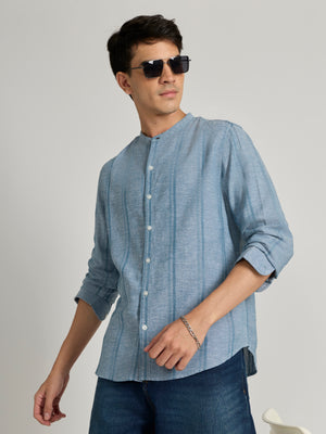 Men's Band Collar Striped Shirt in Blue