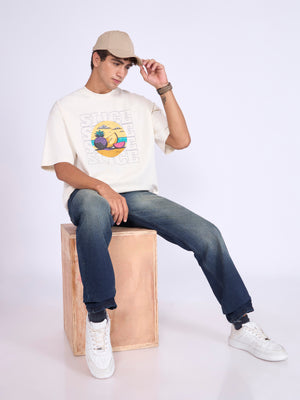 Men's Printed Baggy T-Shirt - Cream