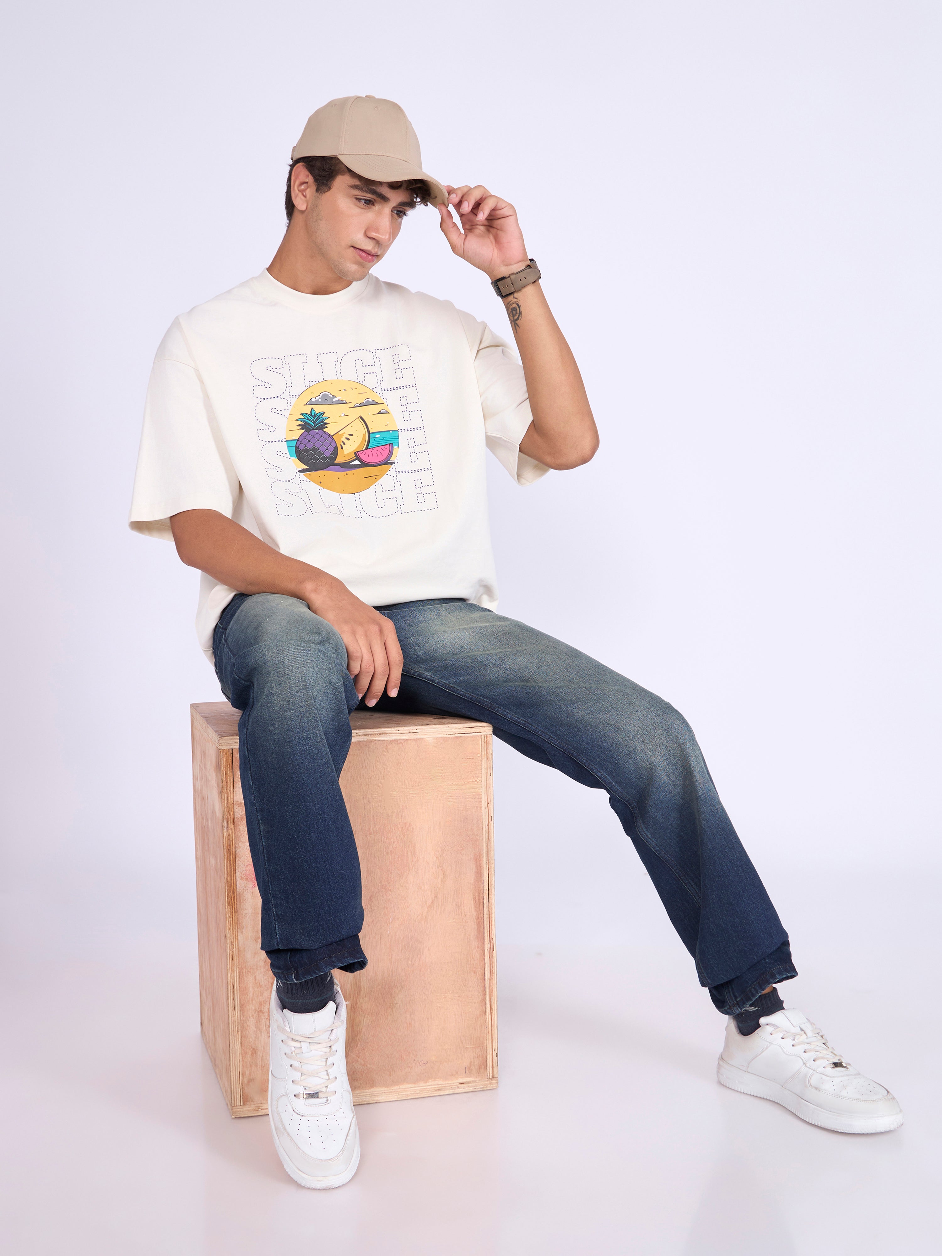 Men's Printed Baggy T-Shirt - Cream