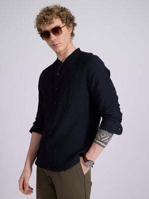 Pryor - Band Collar Plain Shirt - Navy Blue - Espanshe