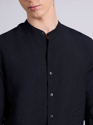 Pryor - Band Collar Plain Shirt - Navy Blue - Espanshe
