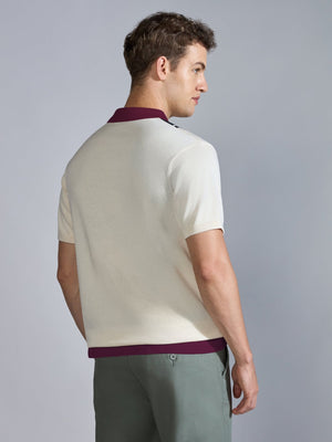 Kikeos-7 - Regular Fit Dual-Tone Retro Stripe Design Knit Polo Shirt - Cream - Espanshe