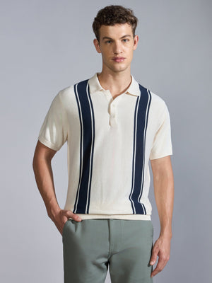 Kikeos-5 - Regular Fit Vertical Stripe Knit Polo T-Shirt - Cream - Espanshe