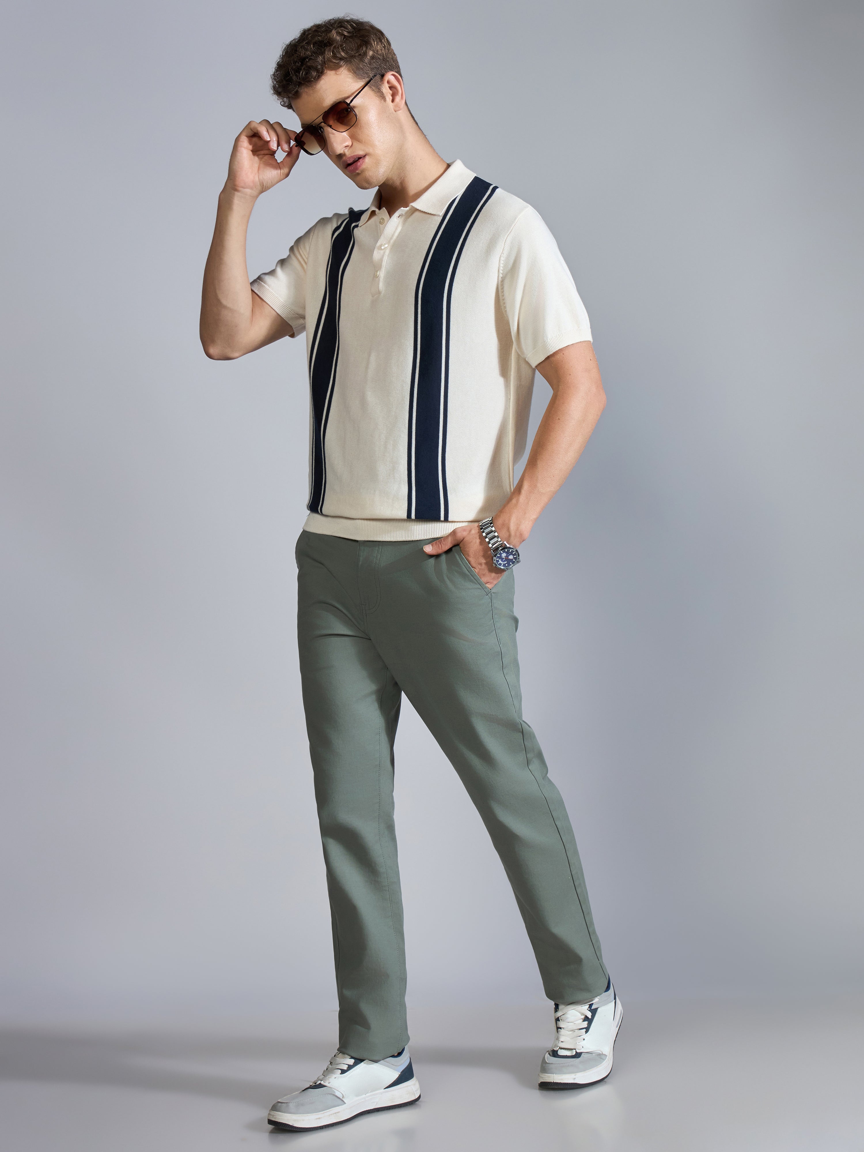 Men's Regular Fit Vertical Stripe Knit Polo T-Shirt in Cream