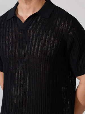 Kikeos-2 - Regular Fit Open Knit Polo T-Shirt - Black - Espanshe