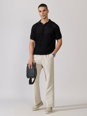 Regular Fit Open Knit Polo T-Shirt in black