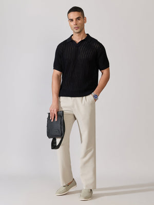 Kikeos-2 - Regular Fit Open Knit Polo T-Shirt - Black - Espanshe