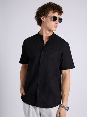 Zabriel - Band Collar Striped Shirt - Black - Espanshe