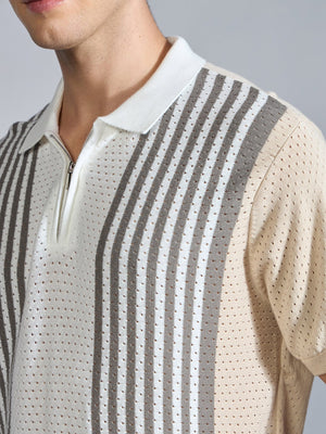 Kikeos-6 - Regular Fit Half Zip Stripe Knit Polo T-Shirt - Beige - Espanshe