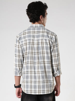 Men's casual olive checkered cotton shirt with full sleeves, relaxed fit – paired with denim jeans