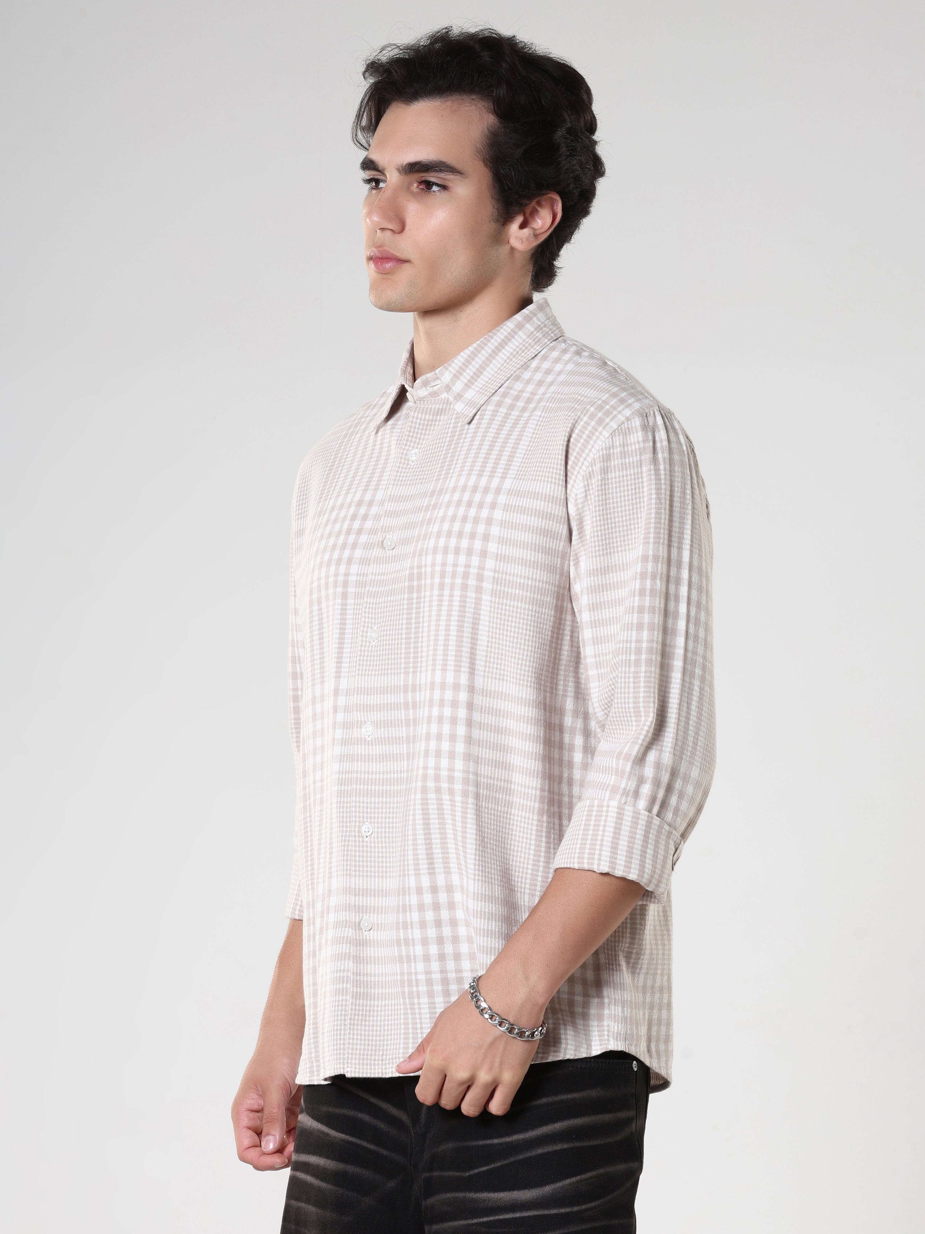 men's beige checkered shirt made from pure cotton.