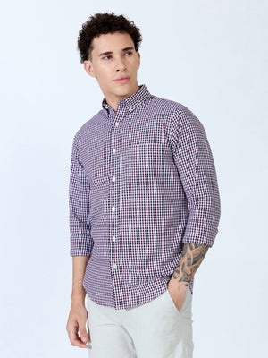 Sara - 100% Cotton Gingham Shirt - Wine - Espanshe