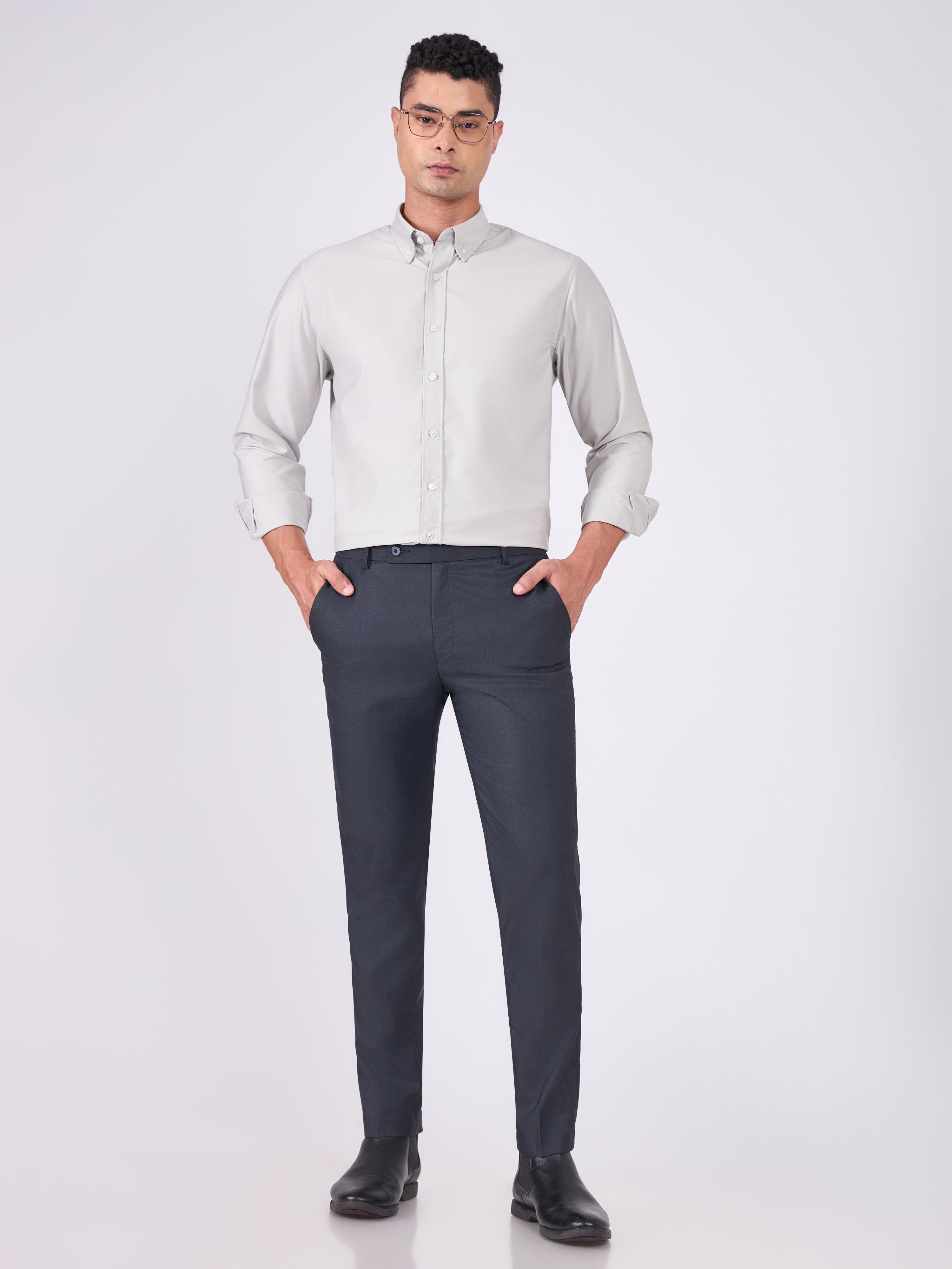 Man wearing Tencel Plain Shirt in Light gray.