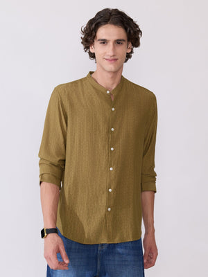 Yometo - Striped Band Neck Shirt - Olive - Espanshe