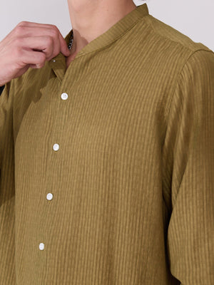 Yometo - Striped Band Neck Shirt - Olive - Espanshe