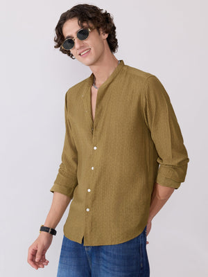 Yometo - Striped Band Neck Shirt - Olive - Espanshe