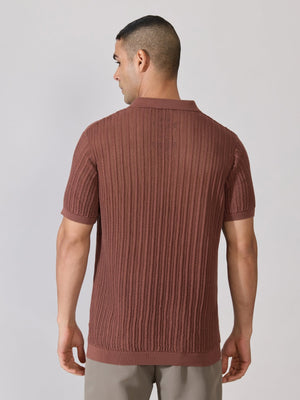 Kikeos-2 - Regular Fit Open Knit Polo T-Shirt - Root Beer - Espanshe