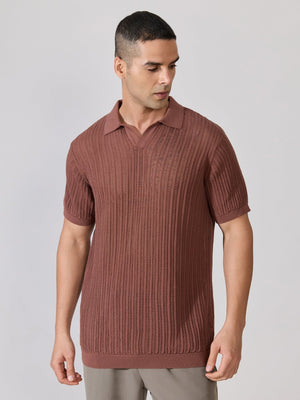 Kikeos-2 - Regular Fit Open Knit Polo T-Shirt - Root Beer - Espanshe