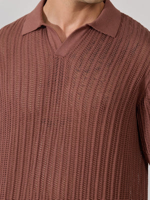 Kikeos-2 - Regular Fit Open Knit Polo T-Shirt - Root Beer - Espanshe