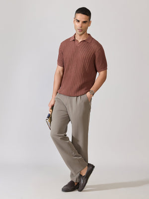 Kikeos-2 - Regular Fit Open Knit Polo T-Shirt - Root Beer - Espanshe