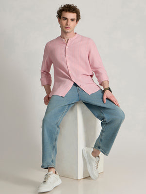 Men's Band Collar Striped Shirt in pink