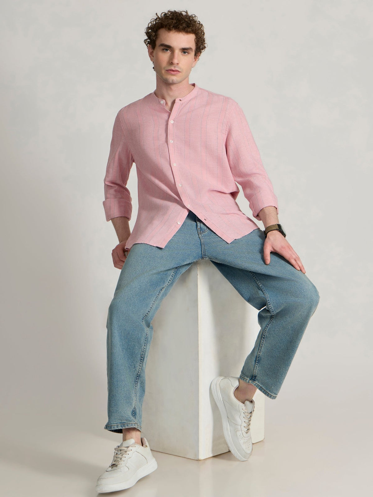 Salvator - Band Collar Striped Shirt - Pink - Espanshe