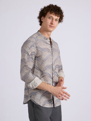 men's Band Collar Printed Shirt - blue