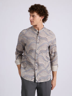 men's Band Collar Printed Shirt - blue