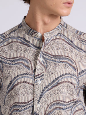 men's Band Collar Printed Shirt - blue