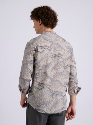 men's Band Collar Printed Shirt - blue