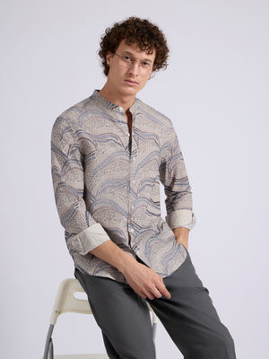 men's Band Collar Printed Shirt - blue