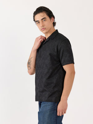 Men's Embroidered Cuban Collar Shirt - black
