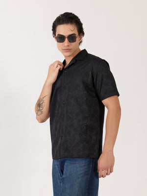 Men's Embroidered Cuban Collar Shirt - black