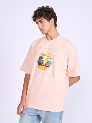 Men's Printed Baggy T-Shirt - Peach Pink