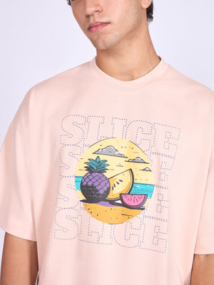Men's Printed Baggy T-Shirt - Peach Pink