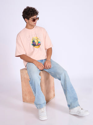 Men's Printed Baggy T-Shirt - Peach Pink