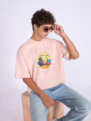 Men's Printed Baggy T-Shirt - Peach Pink