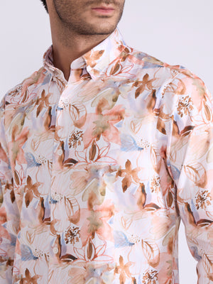 Men's Satin Floral Printed Shirt in light orange
