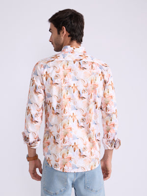 Men's Satin Floral Printed Shirt in light orange