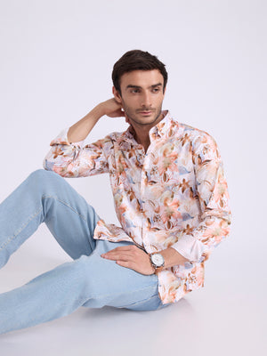 Men's Satin Floral Printed Shirt in light orange