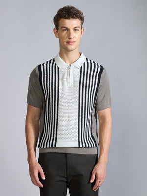 Men's Regular Fit Half Zip Stripe Knit Polo T-Shirt in brushed nickel